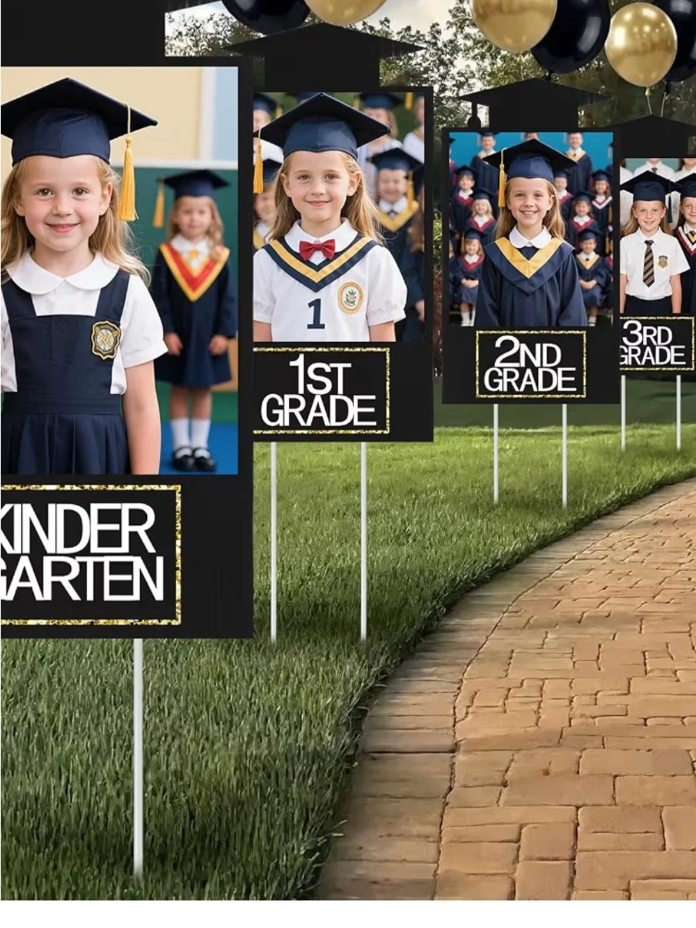 Black and Gold Graduation Photo Yard Signs - School Grade Display